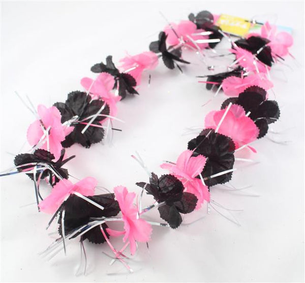 HOT PINK & BLACK LEI W/SILVER TINSEL